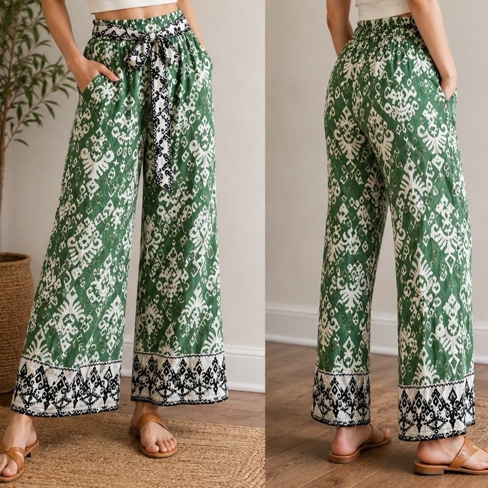 Haute Hippie Style Green Ikat Print Wide‎ Leg Crop Pants Linen Blend Small